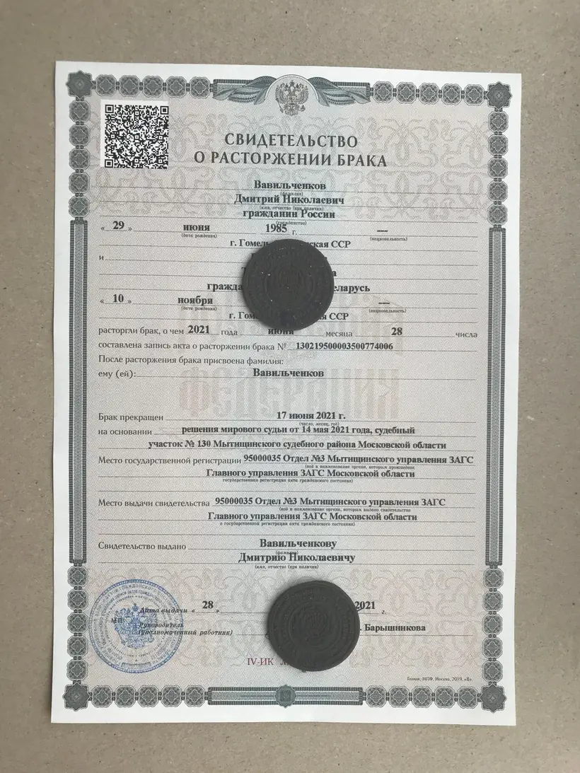 Свидетельство о расторжении брака Московской области 2021 года