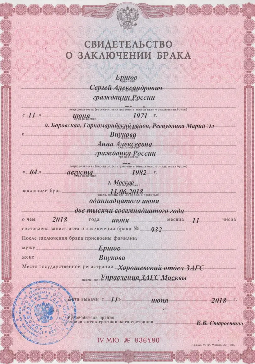 Свидетельство о заключении брака 2018 г. Москва
